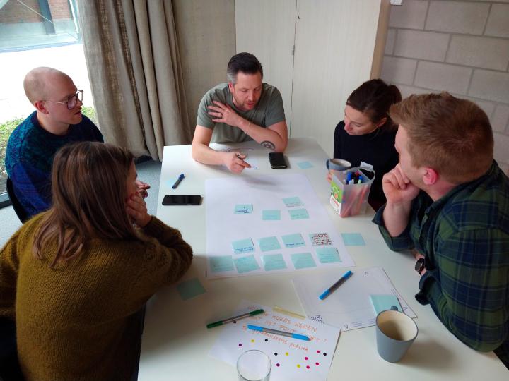 5 mensen zitten rond een tafel voor een brainstorm met post-its
